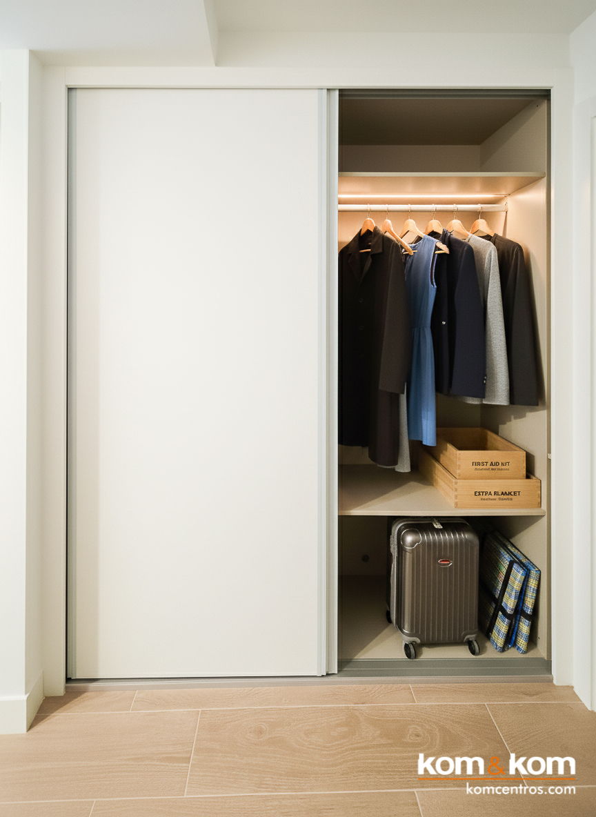 Armario empotrado a medida con puertas correderas en acabado blanco liso, dise&ntilde;ado por Kom&Kom para maximizar el aprovechamiento de espacio en la entrada de apartamentos tur&iacute;sticos Emily Suits.